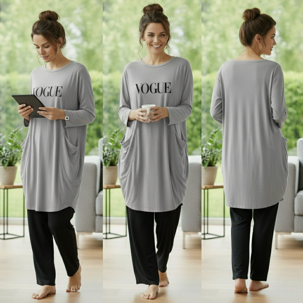 Gray Vogue Print Full Sleeve Tee with Pocket & Trouser Set