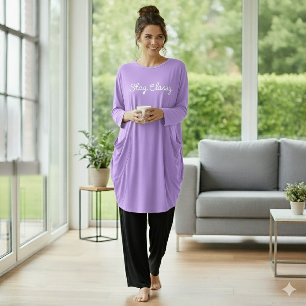 Lilac / Lavender 'Stay Classy' Print Full Sleeve Tee with Pocket & Trouser Set