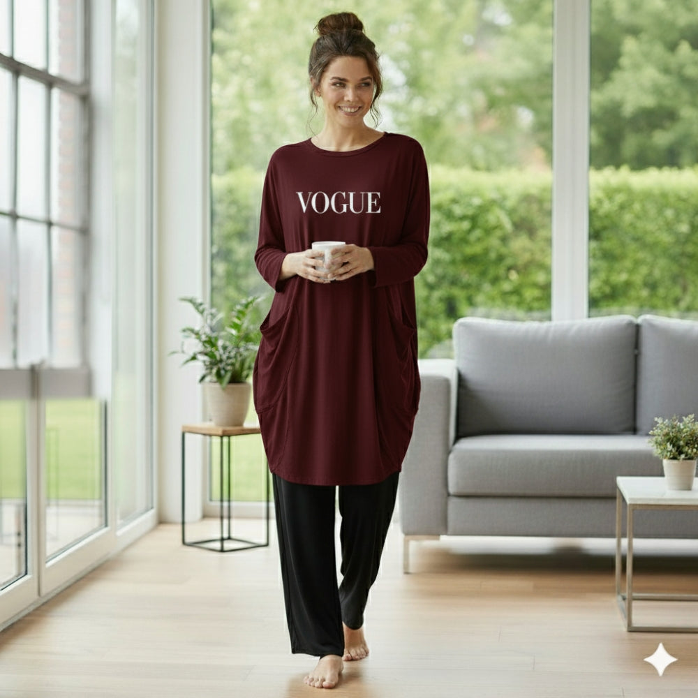 Maroon Vogue Print Full Sleeve Tee with Pocket & Trouser Set