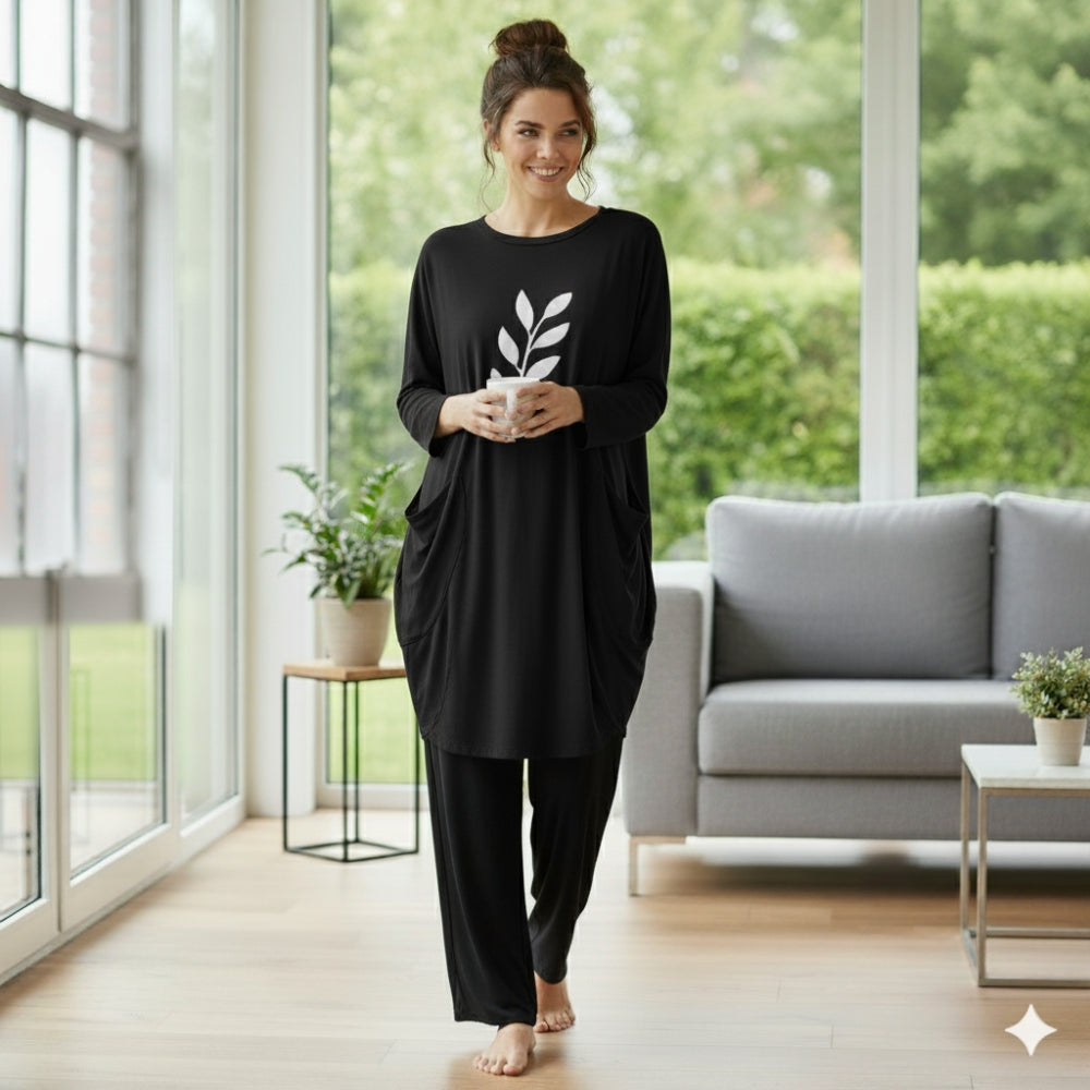 Black Leaf Print Full Sleeve Tee with Pocket & Trouser Set