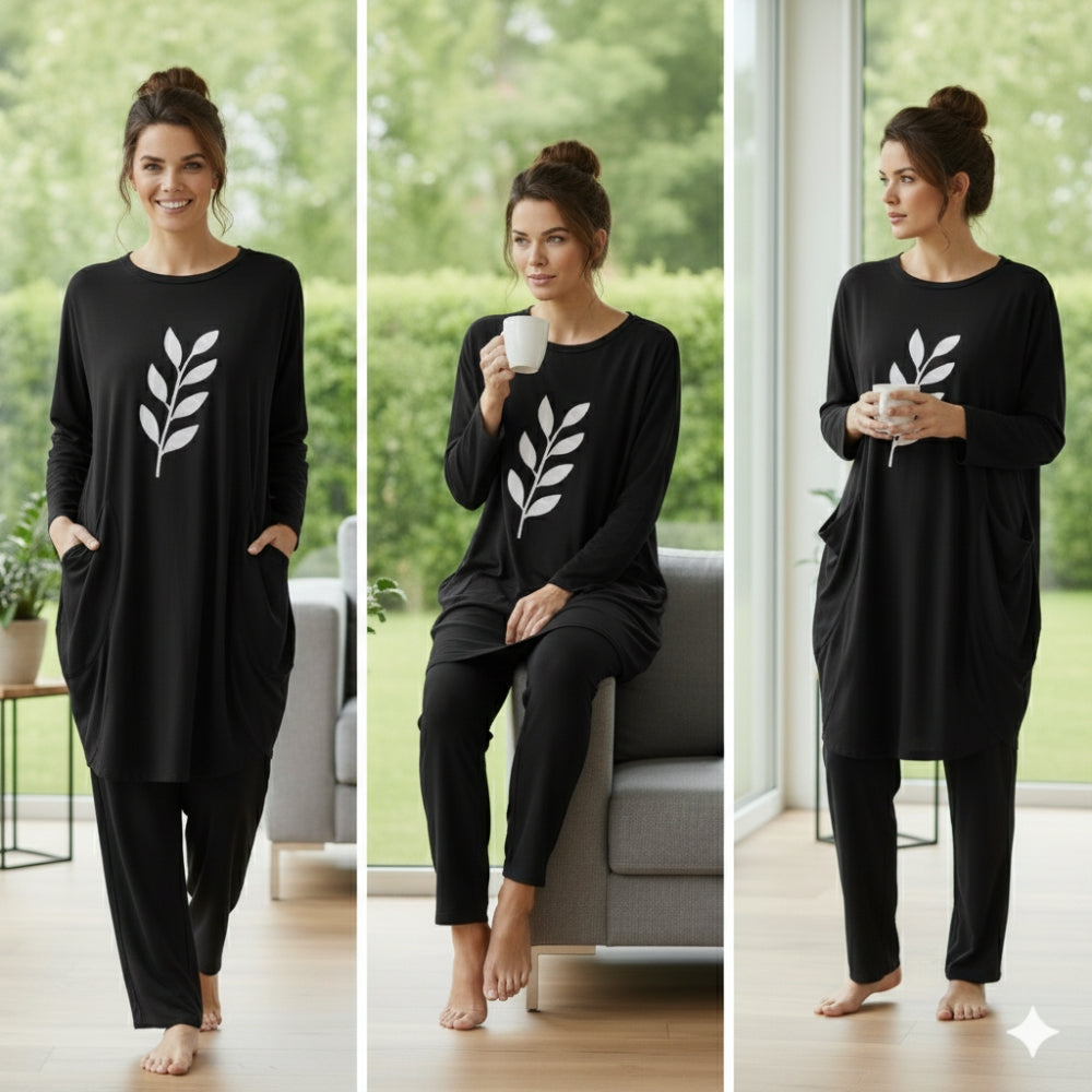 Black Leaf Print Full Sleeve Tee with Pocket & Trouser Set
