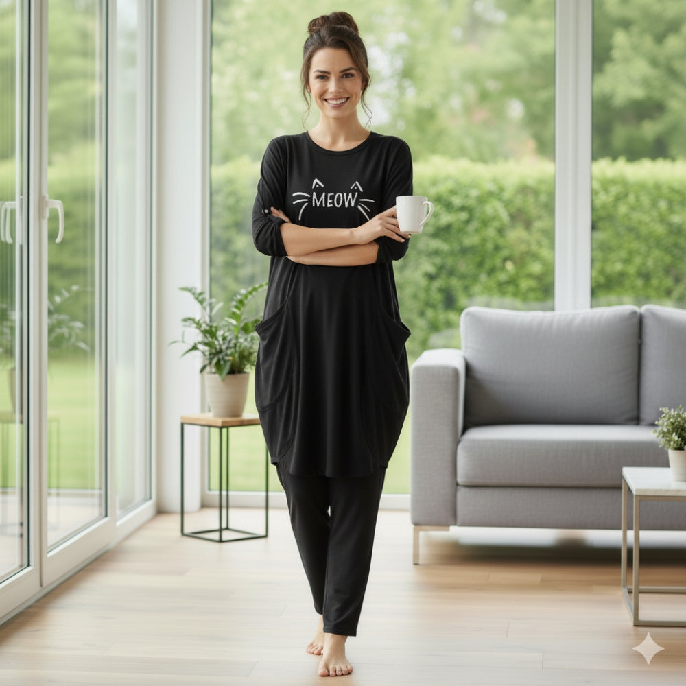 Black Meow Print Full Sleeve Tee with Pocket & Trouser Set