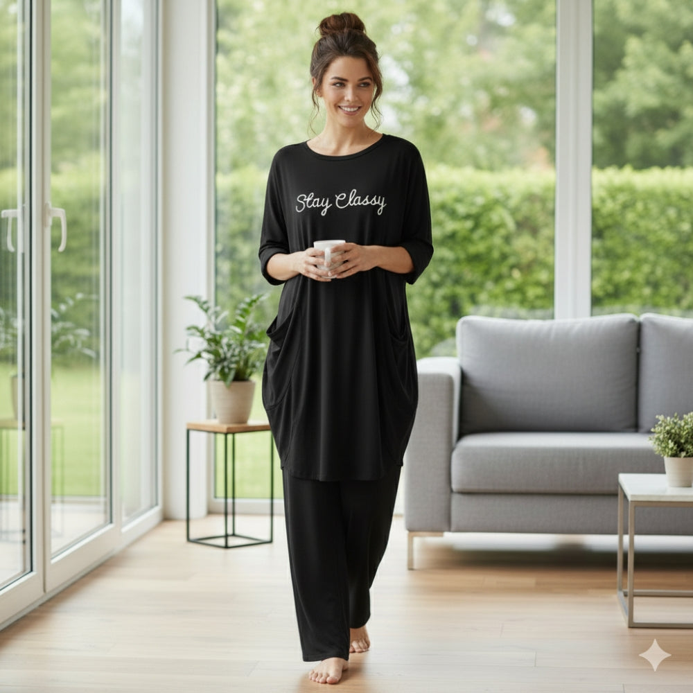 Black 'Stay Classy' Print Full Sleeve Tee with Pocket & Trouser Set