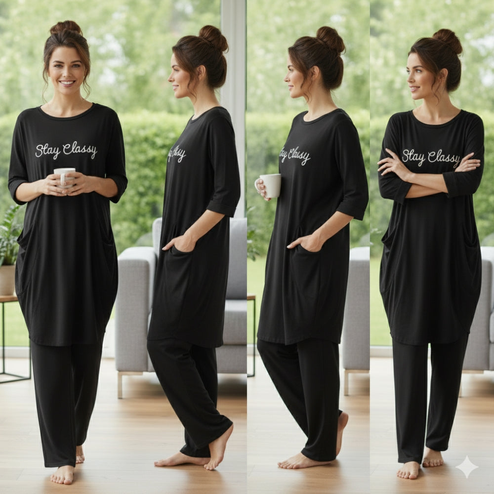 Black 'Stay Classy' Print Full Sleeve Tee with Pocket & Trouser Set