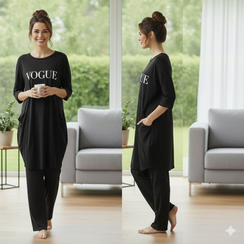 Black Vogue Print Full Sleeve Tee with Pocket & Trouser Set