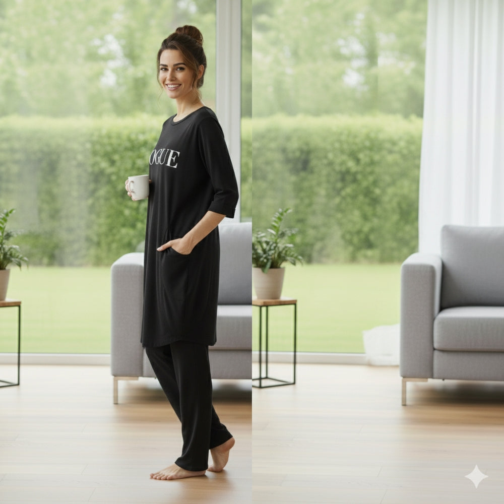 Black Vogue Print Full Sleeve Tee with Pocket & Trouser Set