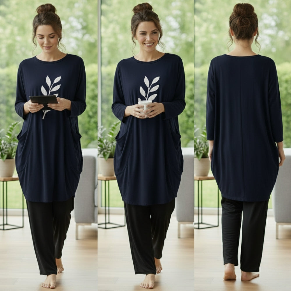 Blue Leaf Print Full Sleeve Tee with Pocket & Trouser Set
