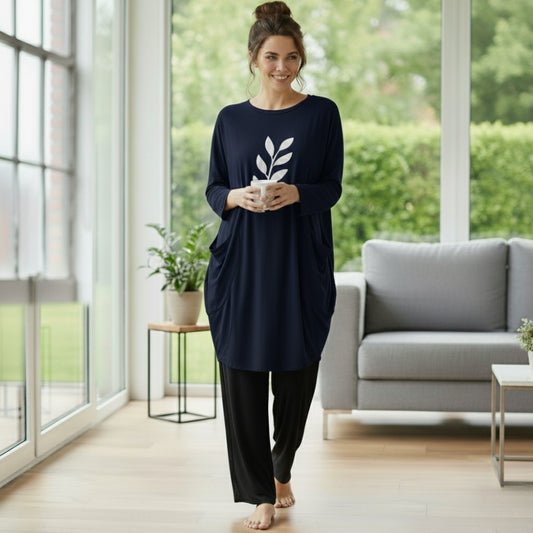 Blue Leaf Print Full Sleeve Tee with Pocket & Trouser Set