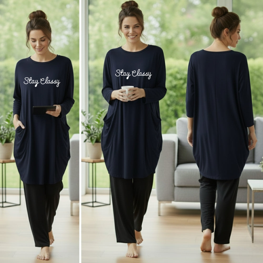 Blue 'Stay Classy' Print Full Sleeve Tee with Pocket & Trouser Set