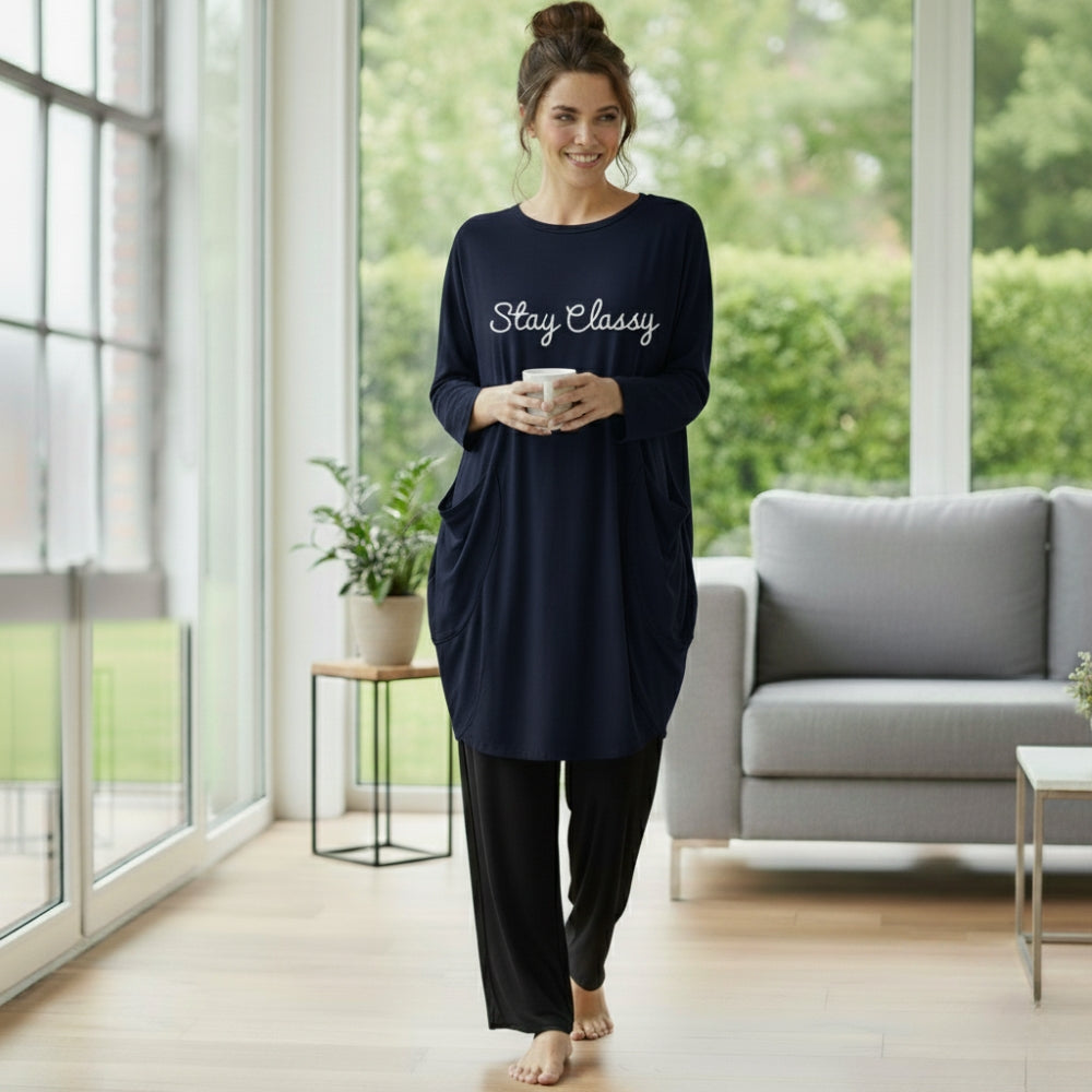 Blue 'Stay Classy' Print Full Sleeve Tee with Pocket & Trouser Set