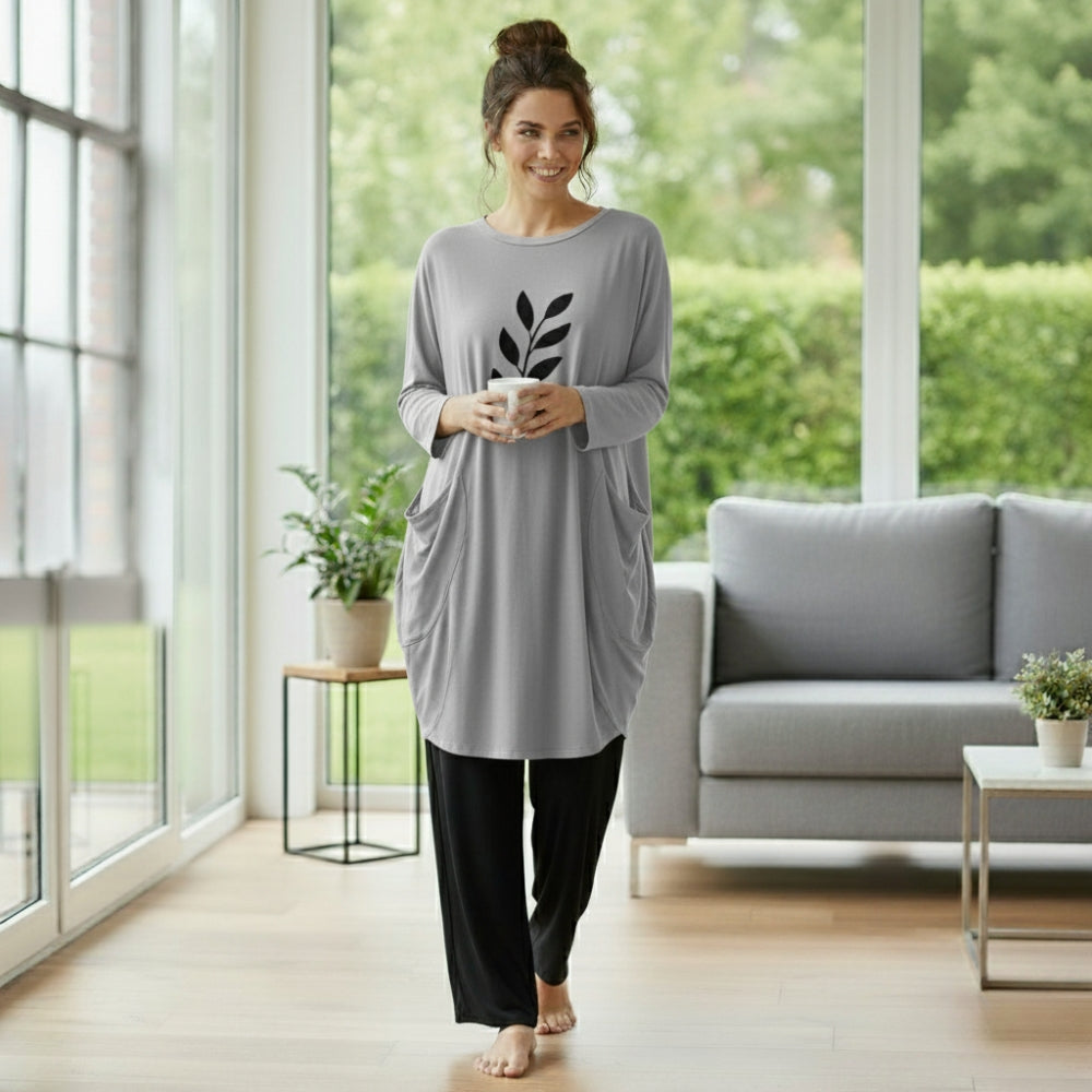 Gray Leaf Print Full Sleeve Tee with Pocket & Trouser Set