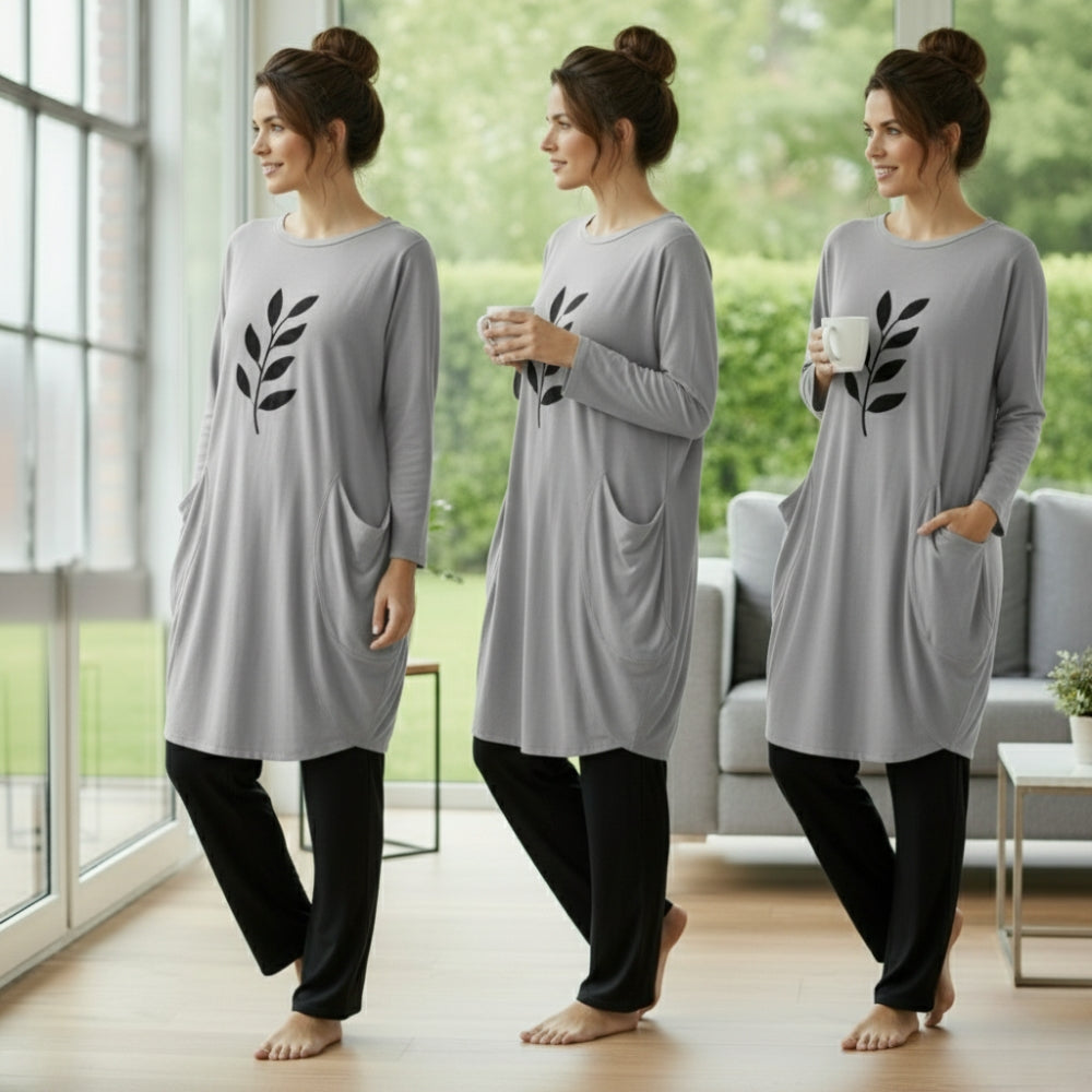 Gray Leaf Print Full Sleeve Tee with Pocket & Trouser Set