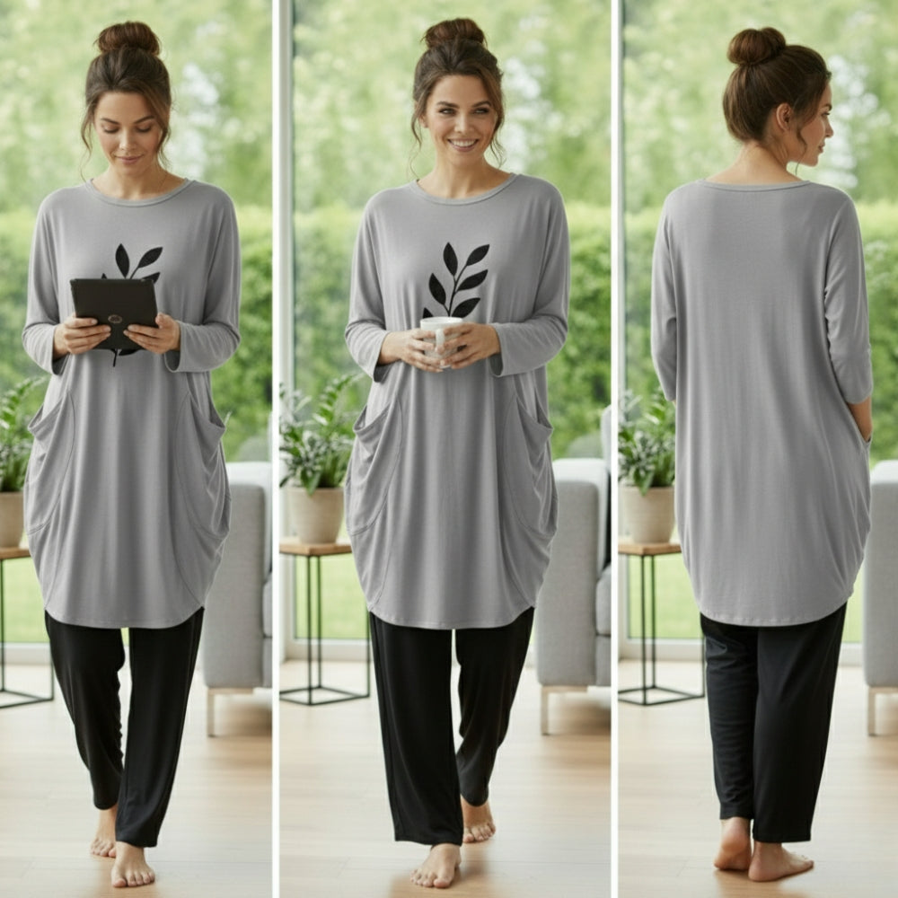 Gray Leaf Print Full Sleeve Tee with Pocket & Trouser Set