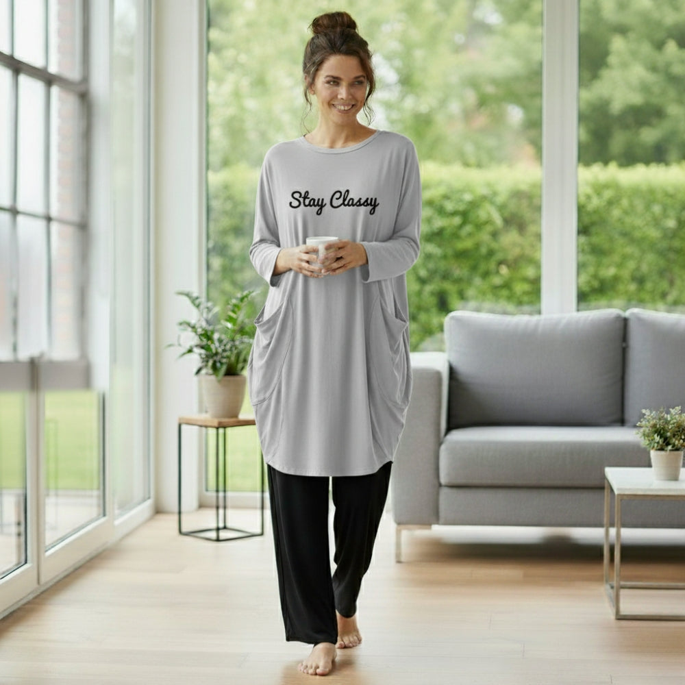 Gray 'Stay Classy' Print Full Sleeve Tee with Pocket & Trouser Set