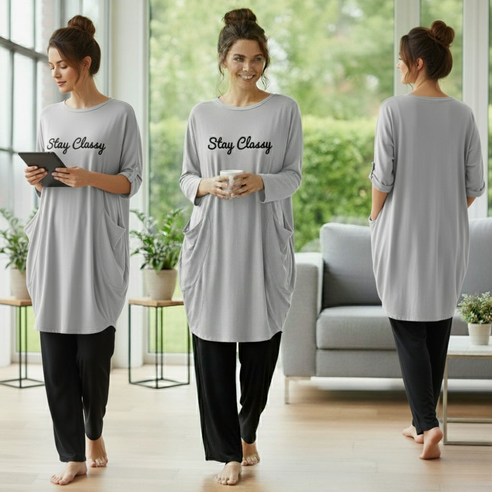 Gray 'Stay Classy' Print Full Sleeve Tee with Pocket & Trouser Set