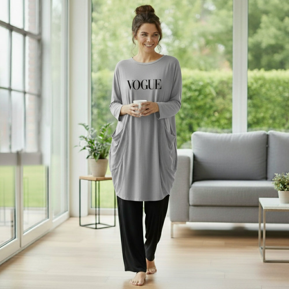 Gray Vogue Print Full Sleeve Tee with Pocket & Trouser Set
