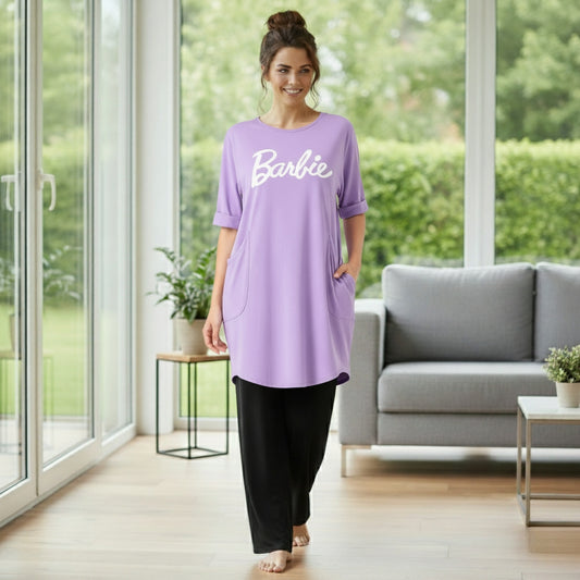Lilac / Lavender Barbie Print Full Sleeve Tee with Pocket & Trouser Set