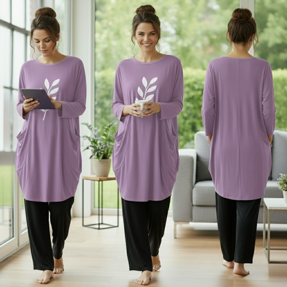 Lilac / Lavender Leaf Print Full Sleeve Tee with Pocket & Trouser Set