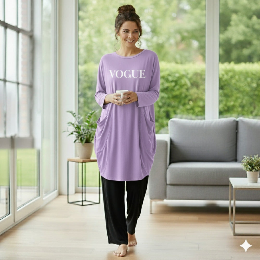 Lilac / Lavender Vogue Print Full Sleeve Tee with Pocket & Trouser Set