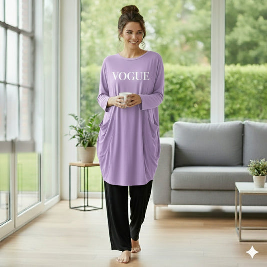 Lilac / Lavender Vogue Print Full Sleeve Tee with Pocket & Trouser Set