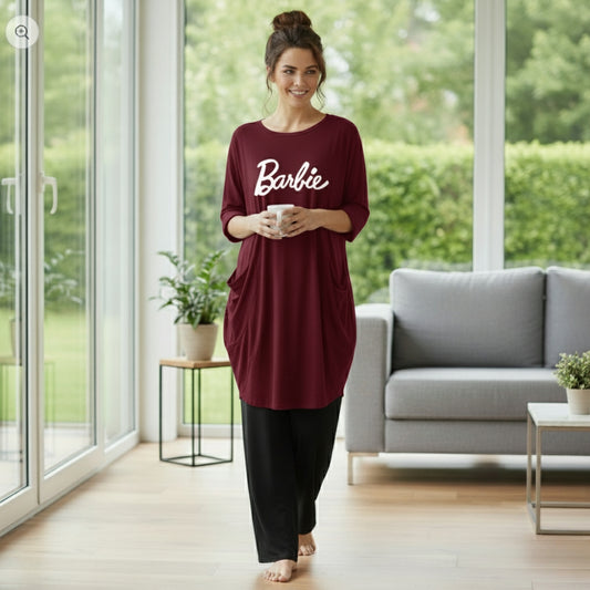 Maroon Barbie Print Full Sleeve Tee with Pocket & Trouser Set