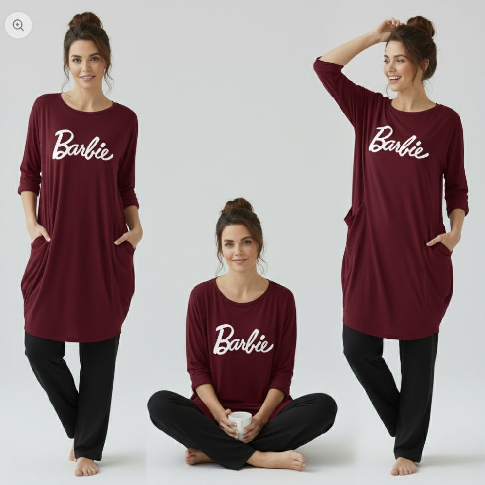 Maroon Barbie Print Full Sleeve Tee with Pocket & Trouser Set