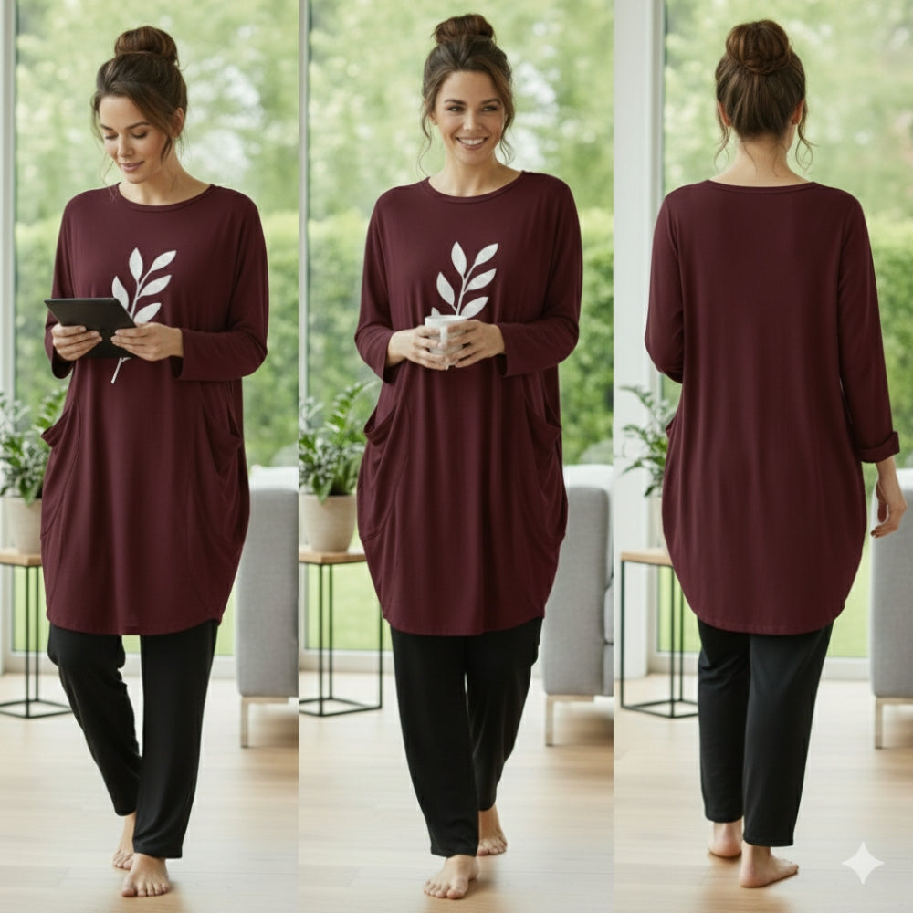 Maroon Leaf Print Full Sleeve Tee with Pocket & Trouser Set