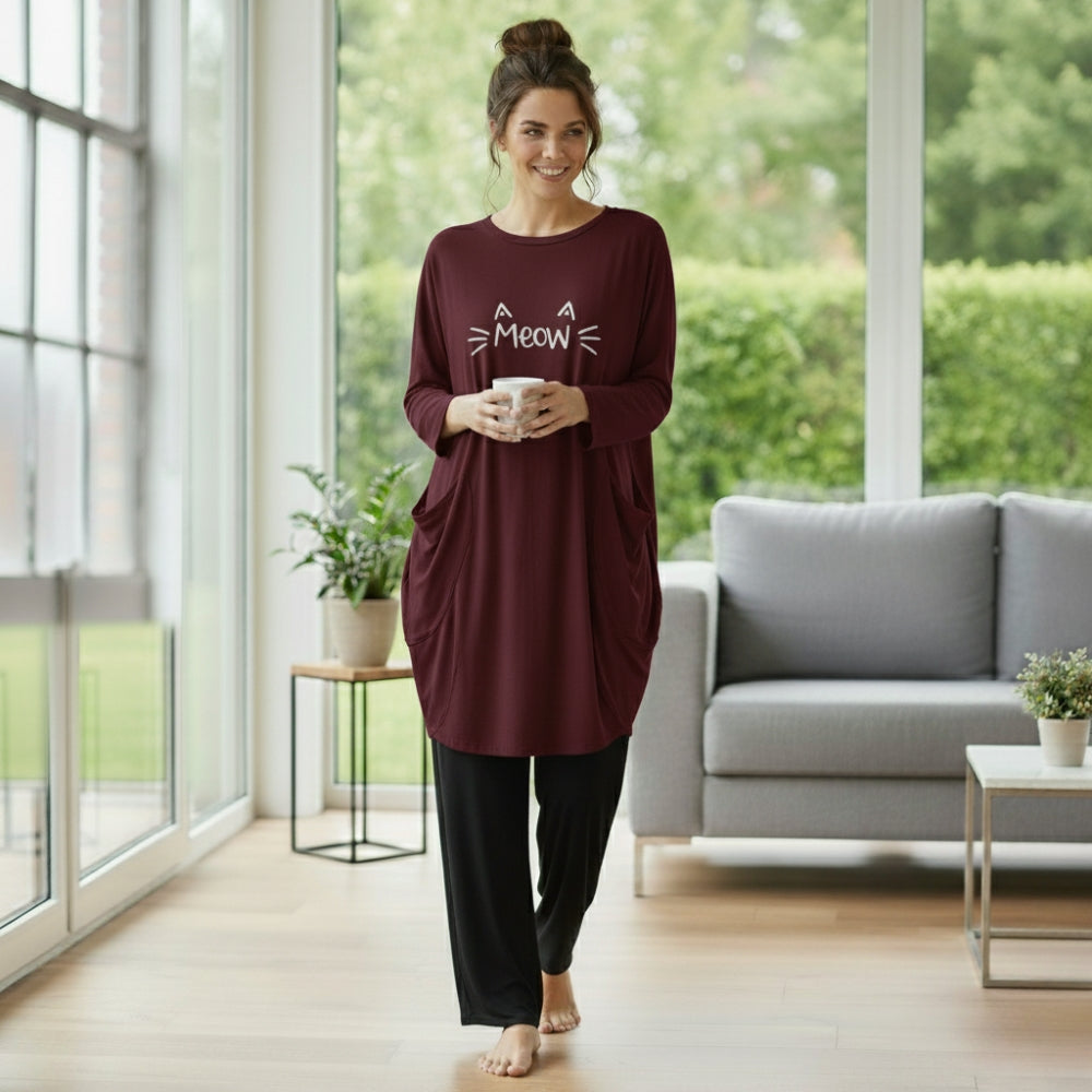 Maroon Meow Print Full Sleeve Tee with Pocket & Trouser Set