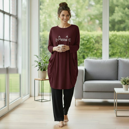 Maroon Meow Print Full Sleeve Tee with Pocket & Trouser Set