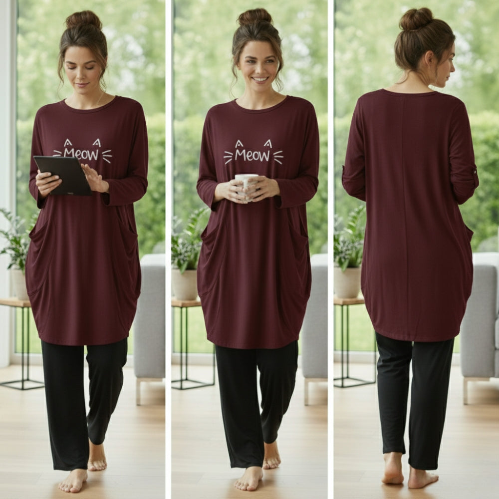 Maroon Meow Print Full Sleeve Tee with Pocket & Trouser Set