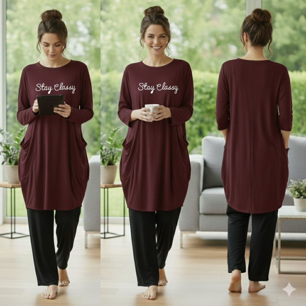 Maroon 'Stay Classy' Print Full Sleeve Tee with Pocket & Trouser Set