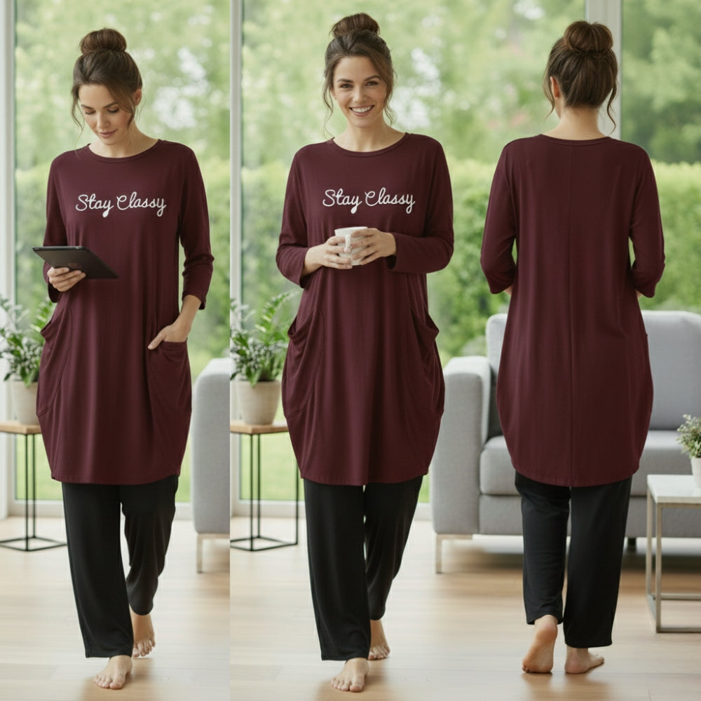 Maroon 'Stay Classy' Print Full Sleeve Tee with Pocket & Trouser Set