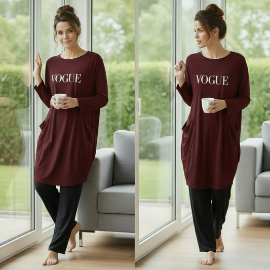 Maroon Vogue Print Full Sleeve Tee with Pocket & Trouser Set