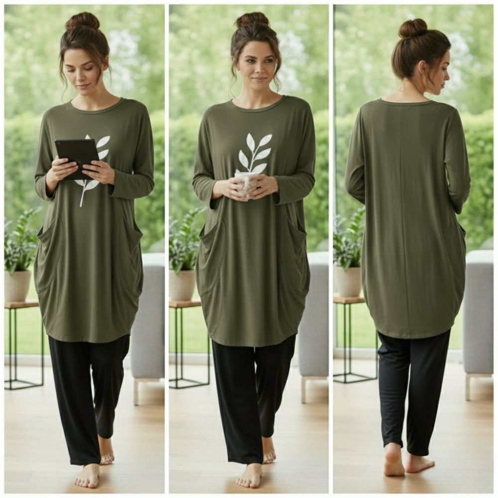 Olive Green Leaf Print Full Sleeve Tee with Pocket & Trouser Set