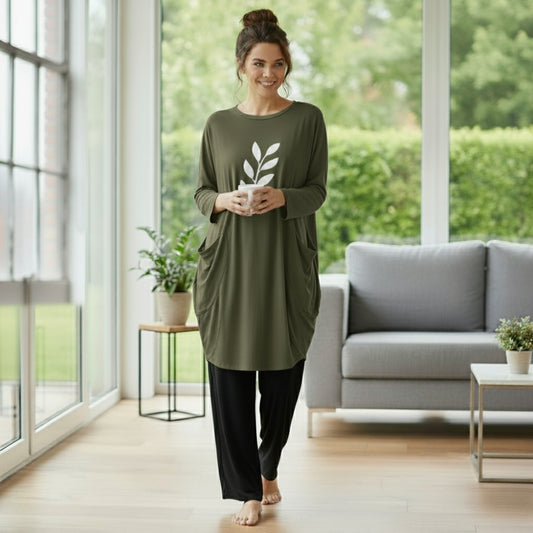 Olive Green Leaf Print Full Sleeve Tee with Pocket & Trouser Set