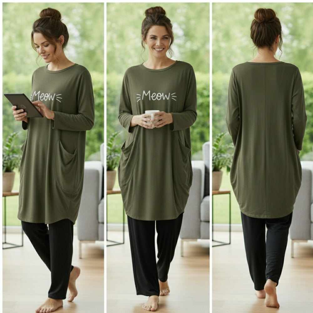Olive Green Meow Print Full Sleeve Tee with Pocket & Trouser Set