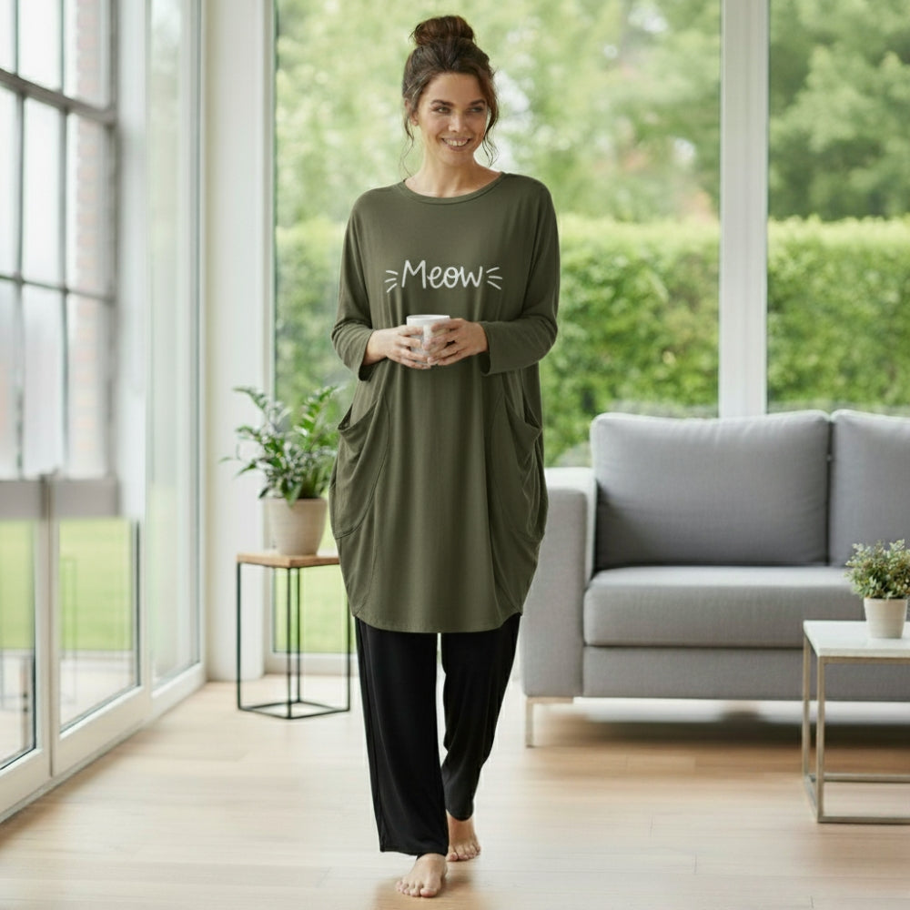 Olive Green Meow Print Full Sleeve Tee with Pocket & Trouser Set