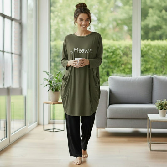 Olive Green Meow Print Full Sleeve Tee with Pocket & Trouser Set