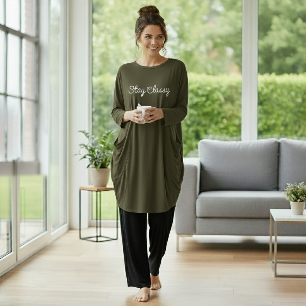 Olive Green 'Stay Classy' Print Full Sleeve Tee with Pocket & Trouser Set