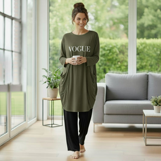 Olive Green Vogue Print Full Sleeve Tee with Pocket & Trouser Set